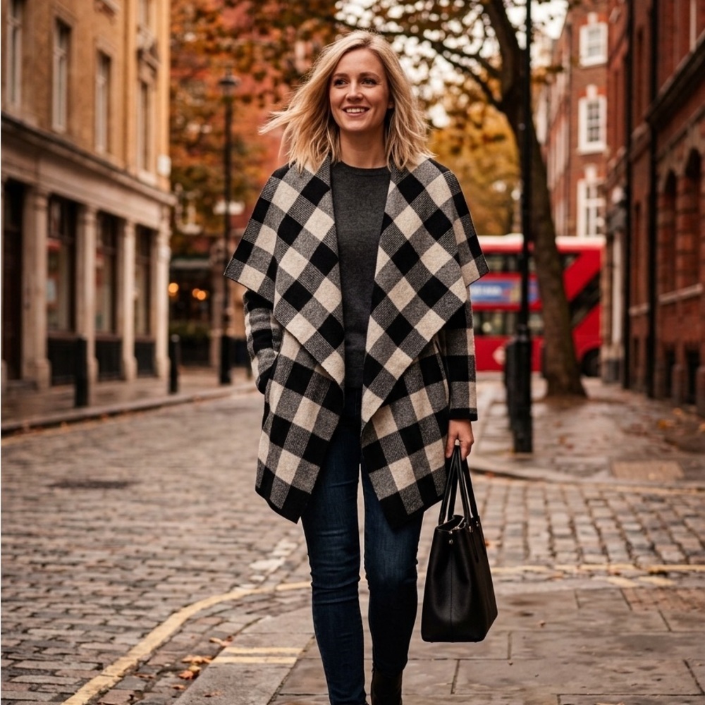 Ralph Lauren Black & White 100% Wool Draped Checkered Cardigan Coat Small